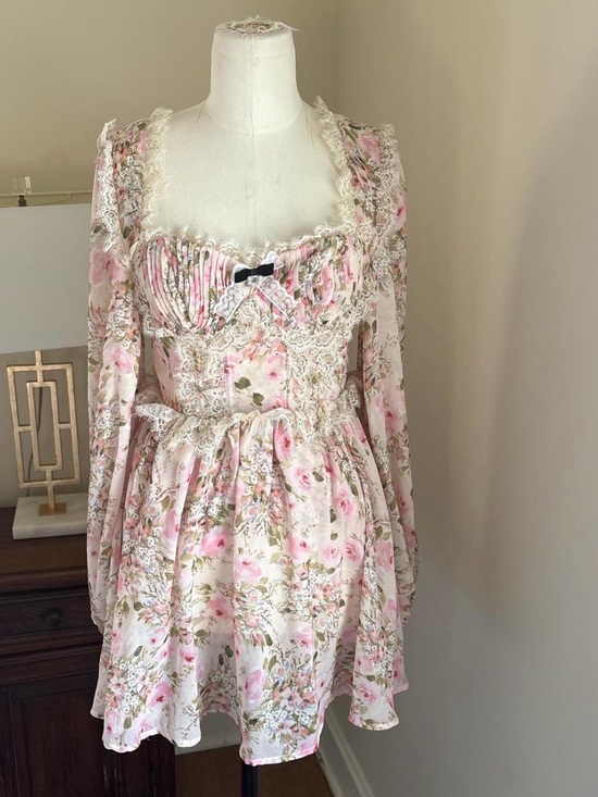 For Love And Lemons Dresses & Skirts - For Love & Lemons Pink Floral Lace-Trim Mini Dress